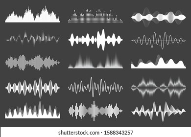 Sound Waves Collection. Analog And Digital Audio Signal. Music Equalizer. Interference Voice Recording. High Frequency Radio Wave. Vector Illustration.