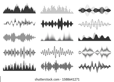 Sound Waves Collection. Analog And Digital Audio Signal. Music Equalizer. Interference Voice Recording. High Frequency Radio Wave. Vector Illustration.