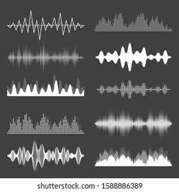 Sound Waves Collection. Analog And Digital Audio Signal. Music Equalizer. Interference Voice Recording. High Frequency Radio Wave. Vector Illustration.