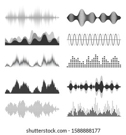 Sound Waves Collection. Analog And Digital Audio Signal. Music Equalizer. Interference Voice Recording. High Frequency Radio Wave. Vector Illustration.