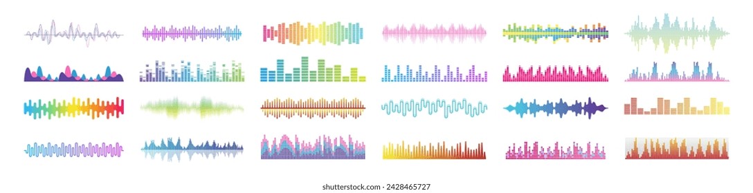 Colección de ondas de sonido. Señal de audio analógico y digital. Ondas de audio, ondas de sonido, ecualizador, señal de radio, música. Grabación