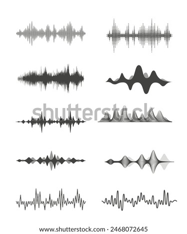 Sound waves collection. Analog and digital audio signal. Music equalizer. Interference voice recording. High frequency radio wave. Vector illustration