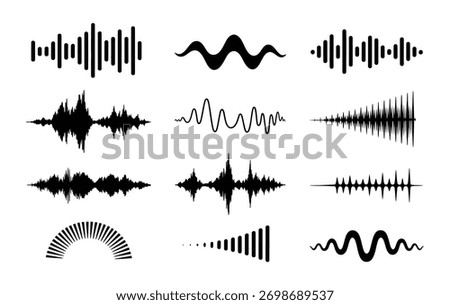 Sound waves collection. Analog and digital audio signal. Music equalizer. Interference voice recording. High frequency radio wave. Vector illustration