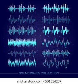 Sound waves collection with audio symbols on blue background flat isolated vector illustration 