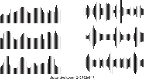 Sound waves collection. High frequency radio wave. Music equalizer. Interference voice recording. Sound wave set. Sound waves, Equalizer, Audio waves, Radio signal. Podcast Equalizer template. Vector 