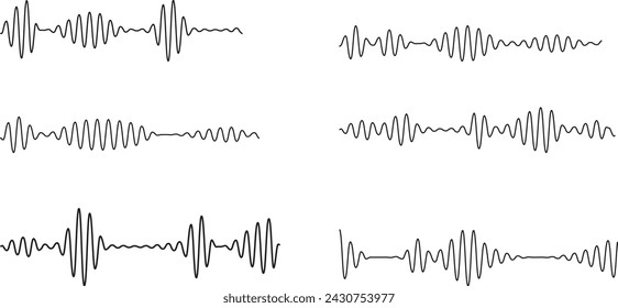 Colección de ondas de sonido. Onda de alta frecuencia. Ecualizador de música. Interferencia en la grabación de voz. Conjunto de ondas de sonido. Ondas de sonido, ecualizador, ondas de audio, señal de radio. Plantilla de ecualizador de podcast. Vector 