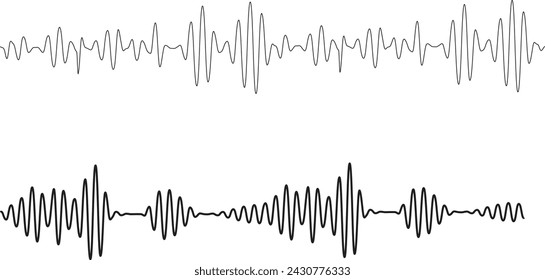 Colección de ondas de sonido. Onda de alta frecuencia. Ecualizador de música. Interferencia en la grabación de voz. Conjunto de ondas de sonido. Ondas de sonido, ecualizador, ondas de audio, señal de radio. Plantilla de ecualizador de podcast. Vector 