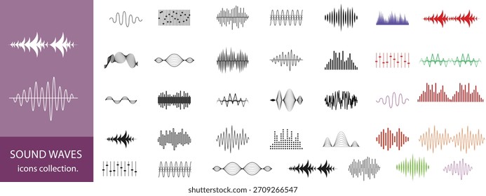 colección de ondas de sonido, colección vibrante de ondas de sonido abstractas y formas de onda de ecualizador digital con líneas de degradado de colores