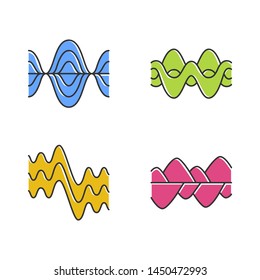Sound waves color icons set. Vibration, noise amplitude, levels. Soundwaves, digital waveform. Audio, music, melody rhythm frequency. Wavy, curve abstract lines. Isolated vector illustrations