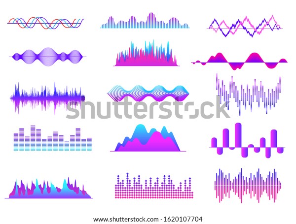 Sound waves. Color music wave, audio tune waveform\
pulse. Radio voice, soundtrack curves. Soundwave abstract volume\
signals vector set