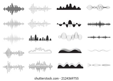 Sound waves in different shapes set isolated elements. Bundle of vibration and waving lines for musical player or audio equalizer, voice signal, waveforms. Vector illustration in flat cartoon design.