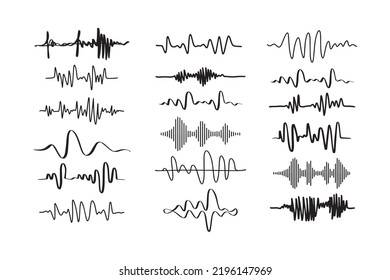 Sound waves. Doodle audio frequency, radio signal, voice line waveform, volume music level symbol. Vector illustration