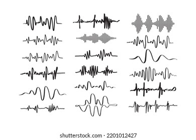 Sound waves. Doodle audio frequency, radio signal, voice line waveform, volume music level symbol. Vector illustration