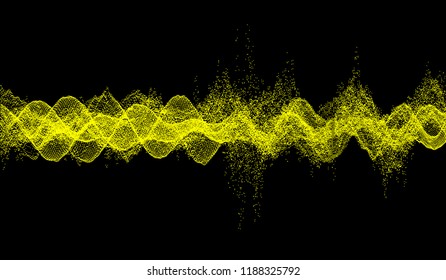 Sound waves. Dynamic effect. Vector illustration with particle. 3D grid surface. 