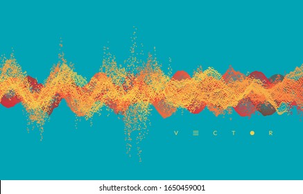Sound waves. Dynamic effect. Vector illustration with particle. 3D grid surface. 