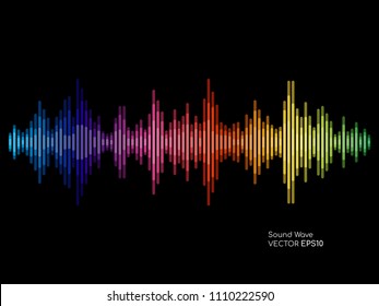 Sound waves dynamic rainbow colorful  flow on black background for vector design elements in music concept.