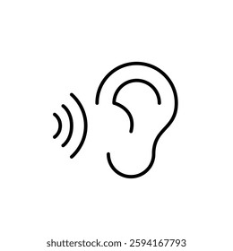Sound waves and ear. Hearing protection, voice and speech recognition. Hearing accessibility. Pixel perfect, editable stroke vector icon