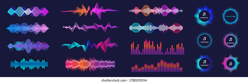 Sound waves equalizer collection in futuristic colors. Frequency audio waveform, music wave, circle bar, voice graph signal in HUD style. Set Audio waves. Microphone voice and sound recognition.