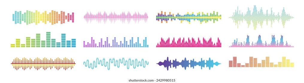 Sound waves equalizer collection in futuristic colors. Waveform pattern for music player, podcast, voise message, music app