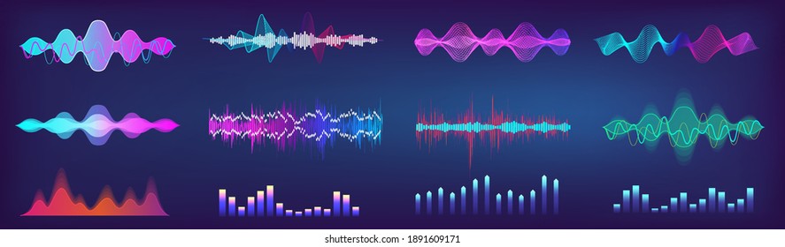 Sound waves equalizer colorful collection. Futuristic set in HUD style - music waves, frequency audio waveform, voice graph signal. Microphone voice control collection and sound recognition. Vector