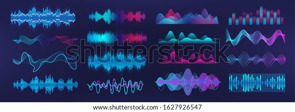 Sound waves\
equalizer. Frequency audio waveform, music wave, voice graph signal\
in futuristic style HUD. Microphone voice control set and sound\
recognition. Audio waves vector\
set