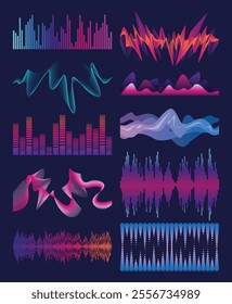 Sound waves equalizer set. Frequency audio waveform, music wave or voice graph signal in HUD style. Abstract sound wave stripe lines. Volume level symbols. Vector cartoon illustration