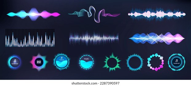 Sound waves equalizer and voice signal circle elements. Digital visualization sound, voice, audio signals for HUD, UI. Microphone voice and sound recognition. Frequency audio, circle bar. Vector set