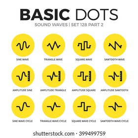 Sound waves flat icons set with sine wave, amplitude sine and sawtooth wave isolated vector illustration on white