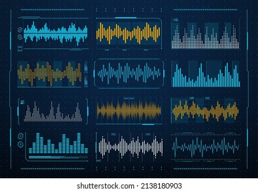 Sound waves frequency, audio music digital equalizer, vector HUD interface. Voice soundwave or radio signal line waveform and recorder or music player volume level with waves of sound on scale