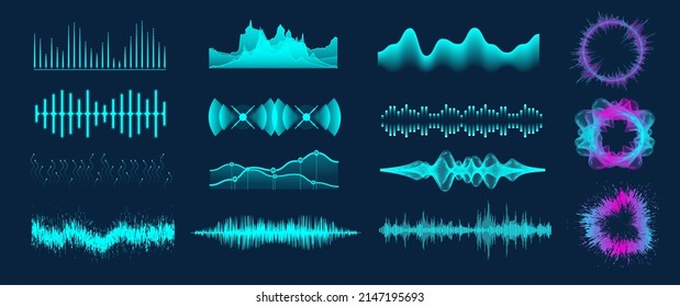 Frecuencia de ondas de sonido, ecualizador digital de música de audio. Señal de audio analógico y digital. Ola de radio de alta frecuencia. Establece las ondas de sonido. Curva de onda sonora radial con partículas de luz. Ondas de audio de círculo