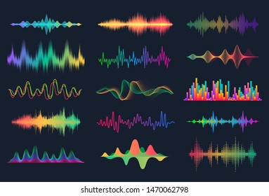 Sound waves. Frequency audio waveform, music wave HUD interface elements, voice graph signal. Vector audio electronic color wave set