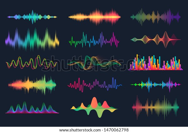 Sound waves. Frequency audio waveform, music wave HUD\
interface elements, voice graph signal. Vector audio electronic\
color wave set