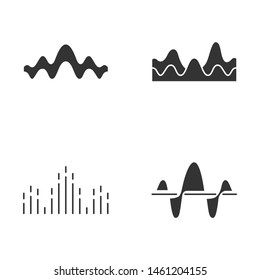 Sound waves glyph icons set. Silhouette symbols. Noise, vibration frequency. Volume, equalizer level wavy lines. Music waves, rhythm. Digital curve soundwaves logotype. Vector isolated illustration