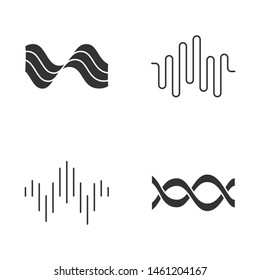 Sound waves glyph icons set. Silhouette symbols. Audio wave. Sound, voice recording. Music rhythm logotype. Soundwave, digital waveform frequency. Dj track playing, party. Vector isolated illustration