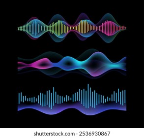 Ondas sonoras com cor gradiente, tela futurista dinâmica abstrata. Conjunto isolado de capas modernas realistas para poster, voz ou música, áudio ou energia flui movimento dinâmico para a arte