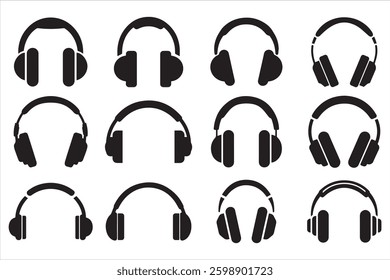 Sound waves and headset logo set of radio, music, and broadcasting symbols silhouette vector illustration