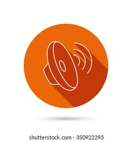 Sound waves icon. Audio speaker sign. Music symbol. Round orange web button with shadow.
