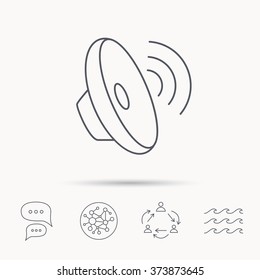 Sound waves icon. Audio speaker sign. Music symbol. Global connect network, ocean wave and chat dialog icons. Teamwork symbol.