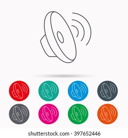 Sound waves icon. Audio speaker sign. Music symbol. Linear icons in circles on white background.