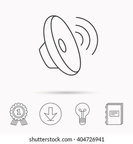 Sound waves icon. Audio speaker sign. Music symbol. Download arrow, lamp, learn book and award medal icons.