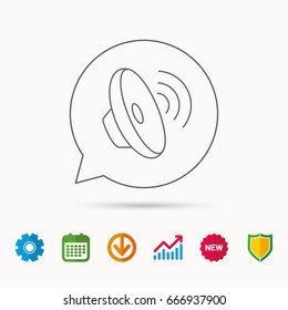 Sound waves icon. Audio speaker sign. Music symbol. Calendar, Graph chart and Cogwheel signs. Download and Shield web icons. Vector