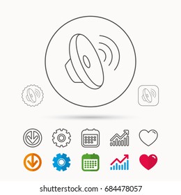 Sound waves icon. Audio speaker sign. Music symbol. Calendar, Graph chart and Cogwheel signs. Download and Heart love linear web icons. Vector