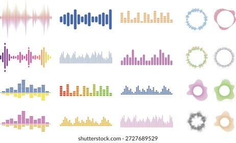 Conjunto de iconos de ondas de sonido. Ondas de sonido, ecualizador, ondas de audio, señal de radio, grabación de música. Ilustración vectorial con Elementos de ondas de sonido, Formas de ecualizador de música y gráficos de amplitud de pista de canciones.