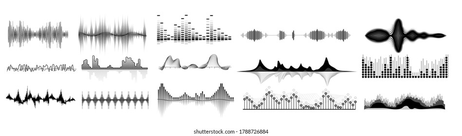 Sound waves icon set. Isolated audio sound wave icons. Black abstract pulse frequency waveform design collection on white background. Music equalizer digital technology vector illustration