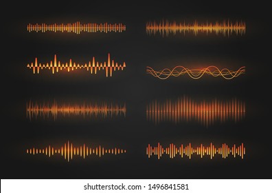 Sound waves icon set. Luminous lines depicting a sound or radio wave, music equalizer or digital cardiogram, GUI design element template. Isolated vector illustration.
