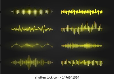 Sound waves icon set. Luminous lines depicting a sound or radio wave, music equalizer or digital cardiogram, GUI design element template. Isolated vector illustration.