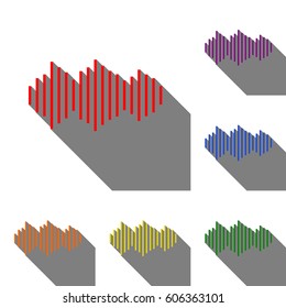 Sound waves icon. Set of red, orange, yellow, green, blue and violet icons at white background with flat shadow.