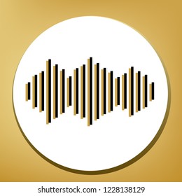 Sound waves icon. Vector. Black icon with light brown shadow in white circle with shaped ring at golden background.