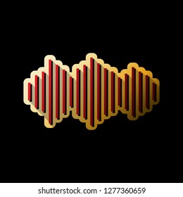 Sound waves icon. Vector. Red icon with small black and limitless shadows at golden sticker on black background.