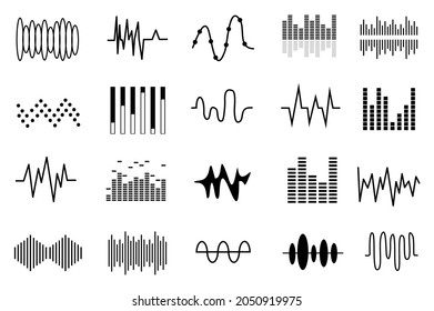 Sound waves icons collection. Set of audio logos, design symbols. Vector equalizer elements. Pulse music players. isolated on white background